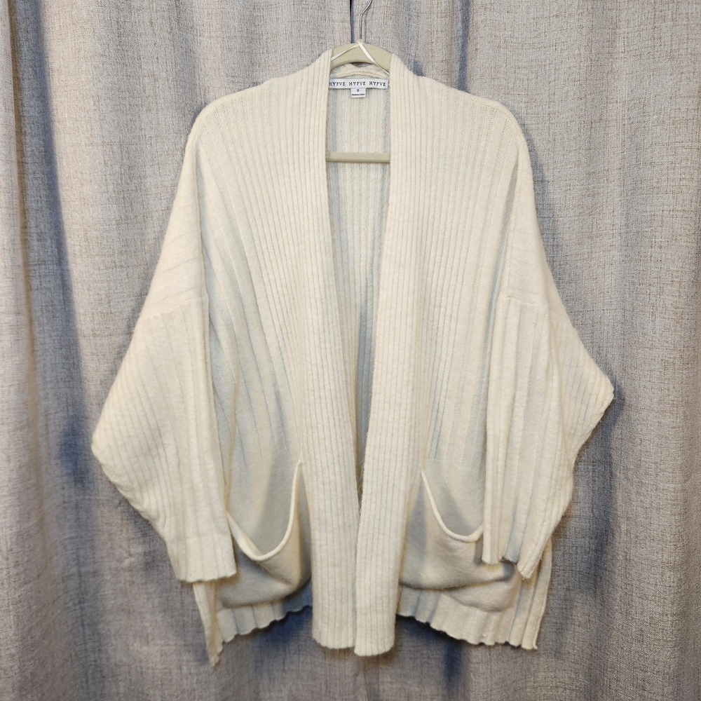 HYFVE Open Front Cardigan Women's S White Drop Shoulder Side Slits Pockets Warm